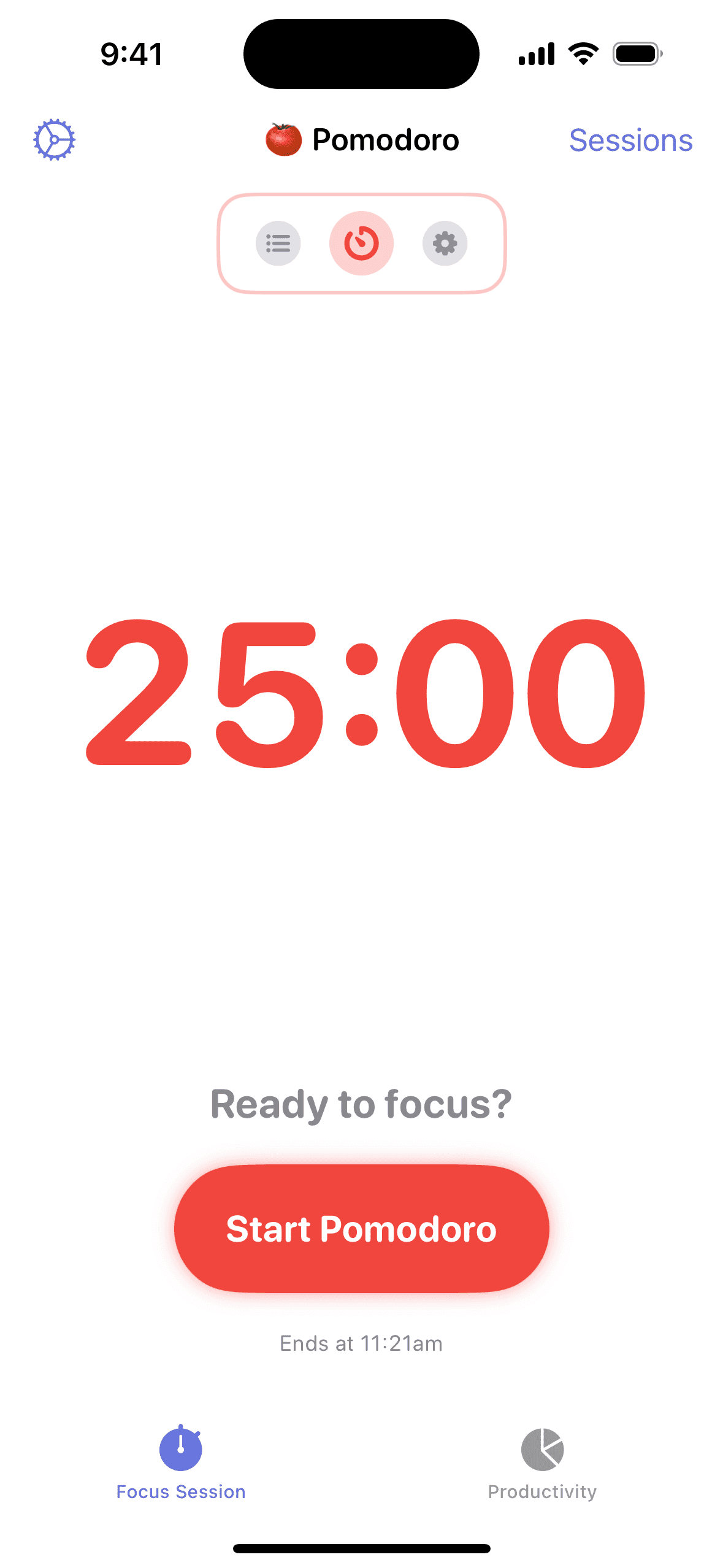 Focused Work on iPhone showing a 25 minute Pomodoro timer